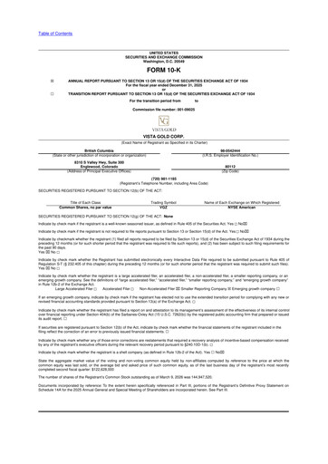 Miniature Vista Gold
 10-K Rapport annuel 2025