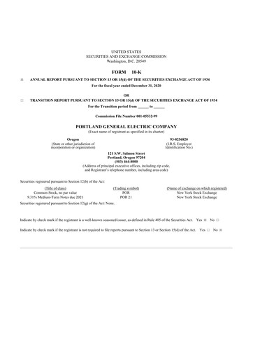 Thumbnail Portland General Electric
 10-K Annual Report 2020