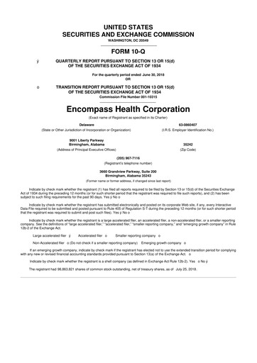 Thumbnail Encompass Health
 10-Q Quarterly Report FY2018 
