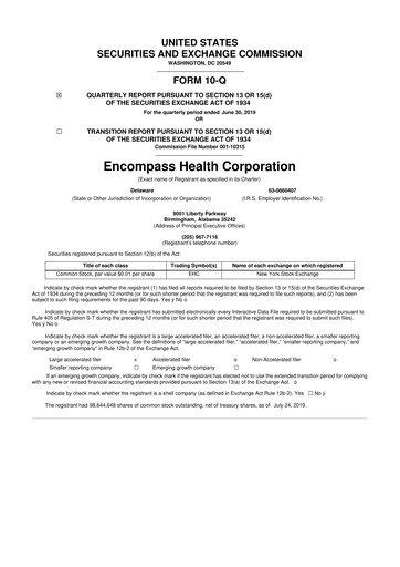 Thumbnail Encompass Health
 10-Q Quarterly Report FY2019 