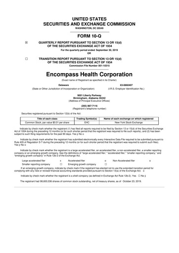 Thumbnail Encompass Health
 10-Q Quarterly Report FY2019 