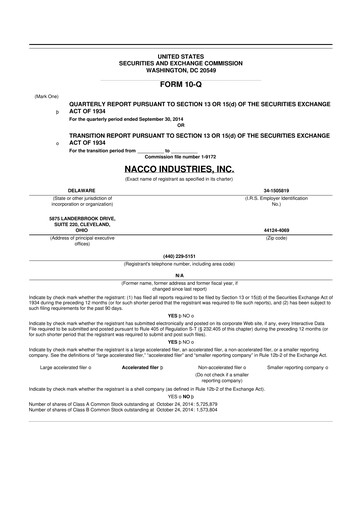 Miniature NACCO Industries
 10-Q Rapport trimestriel 2014 