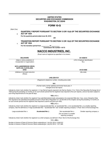 Miniature NACCO Industries
 10-Q Rapport trimestriel 2016 