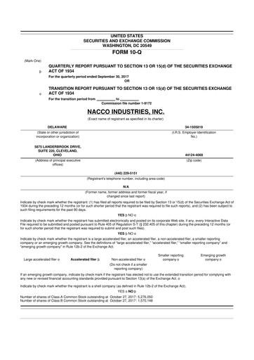 Miniature NACCO Industries
 10-Q Rapport trimestriel 2017 