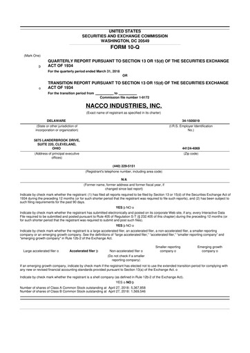 Miniature NACCO Industries
 10-Q Rapport trimestriel 2018 