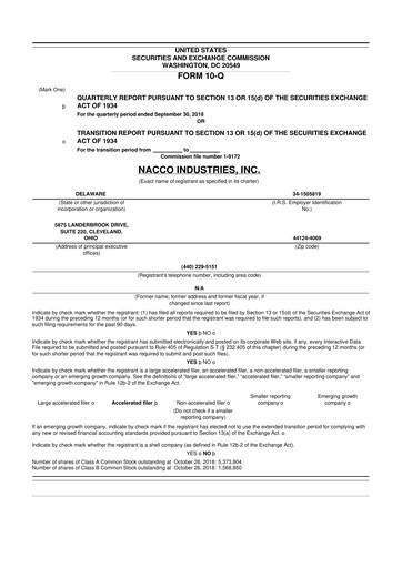 Miniature NACCO Industries
 10-Q Rapport trimestriel 2018 