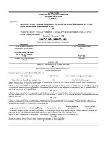 Miniature NACCO Industries
 10-Q Rapport trimestriel 2019 