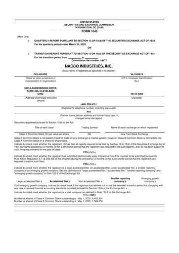 Miniature NACCO Industries
 10-Q Rapport trimestriel 2020 