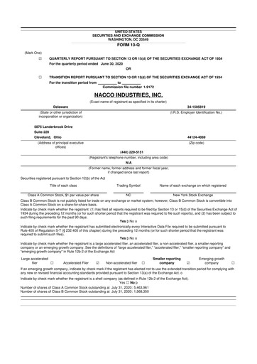 Miniature NACCO Industries
 10-Q Rapport trimestriel 2020 
