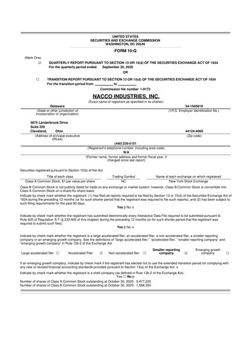 Miniature NACCO Industries
 10-Q Rapport trimestriel 2020 