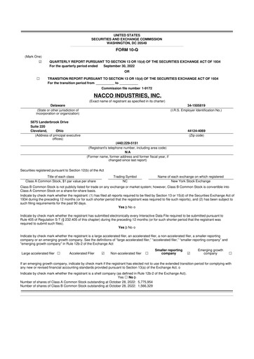 Miniature NACCO Industries
 10-Q Rapport trimestriel 2022 