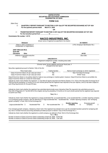 Miniature NACCO Industries
 10-Q Rapport trimestriel  