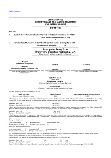 Thumbnail Brandywine Realty Trust
 10-Q Quarterly Report FY 
