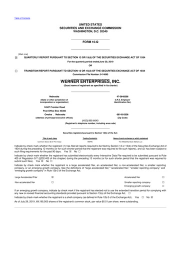 Thumbnail Werner Enterprises
 10-Q Quarterly Report FY2019 