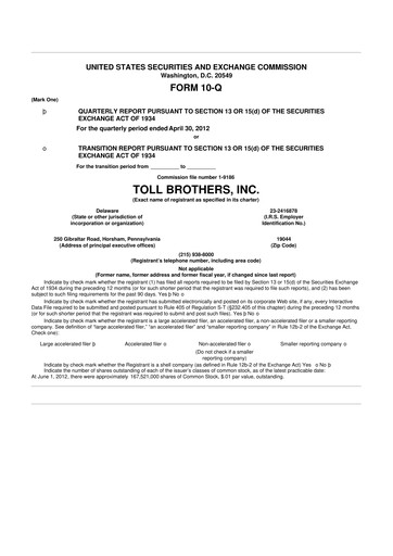 Thumbnail Toll Brothers
 10-Q Quarterly Report FY2012 