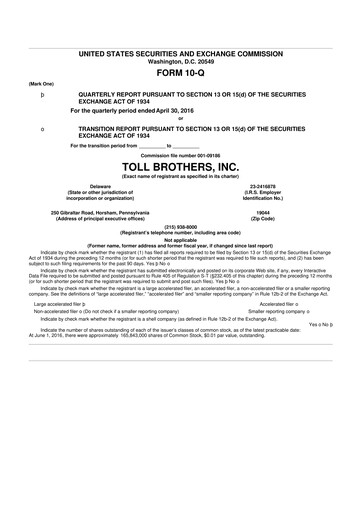 Thumbnail Toll Brothers
 10-Q Quarterly Report FY2016 