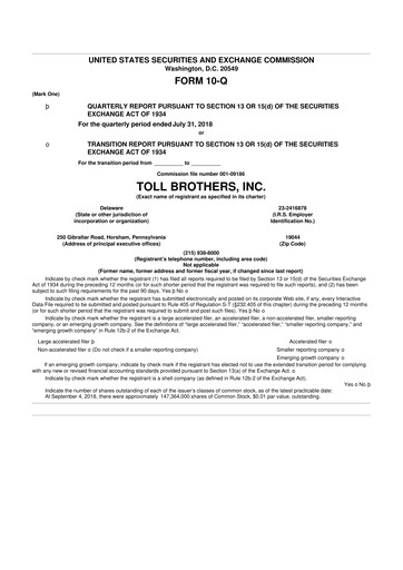 Thumbnail Toll Brothers
 10-Q Quarterly Report FY2018 