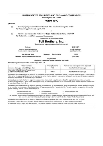 Thumbnail Toll Brothers
 10-Q Quarterly Report FY2019 