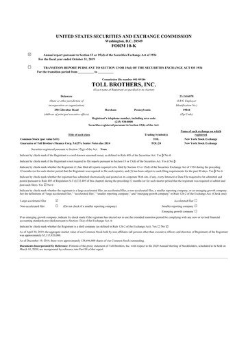 Thumbnail Toll Brothers
 10-K Annual Report 2019