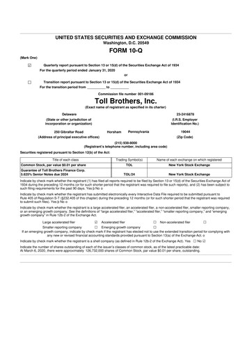 Thumbnail Toll Brothers
 10-Q Quarterly Report FY2020 