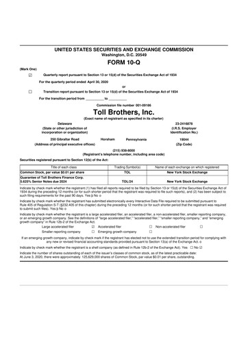 Thumbnail Toll Brothers
 10-Q Quarterly Report FY2020 