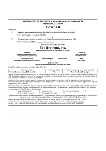 Thumbnail Toll Brothers
 10-Q Quarterly Report FY2021 