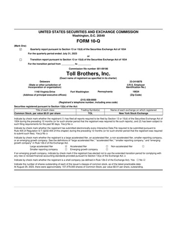 Thumbnail Toll Brothers
 10-Q Quarterly Report FY2023 