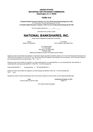Thumbnail National Bankshares 10-Q Quarterly Report FY 