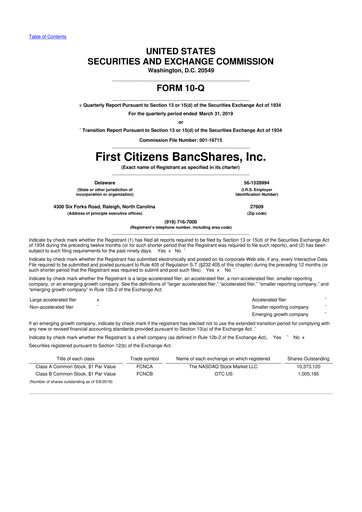 Thumbnail First Citizens BancShares
 10-Q Quarterly Report FY2019 
