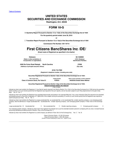 Thumbnail First Citizens BancShares
 10-Q Quarterly Report FY2019 