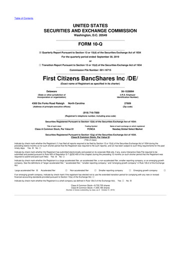 Thumbnail First Citizens BancShares
 10-Q Quarterly Report FY2019 