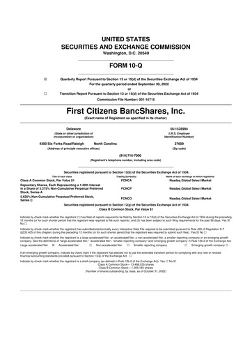 Thumbnail First Citizens BancShares
 10-Q Quarterly Report FY2022 