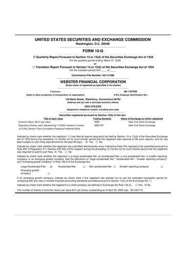 Thumbnail Webster Financial 10-Q Quarterly Report FY 