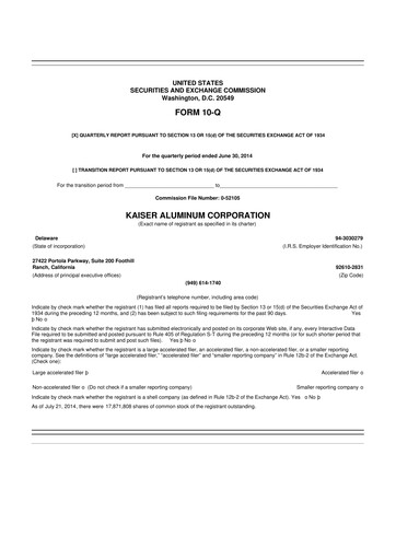 Thumbnail Kaiser Aluminum
 10-Q Quarterly Report FY2014 