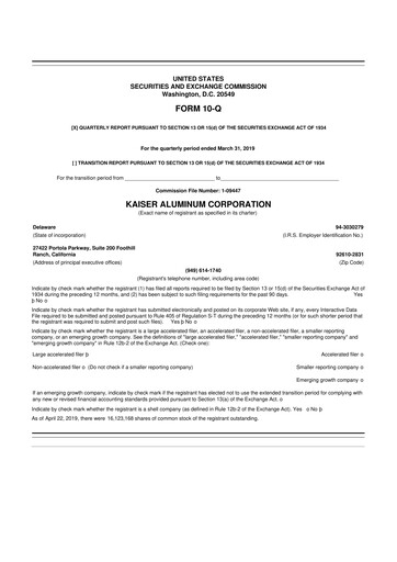 Thumbnail Kaiser Aluminum
 10-Q Quarterly Report FY2019 