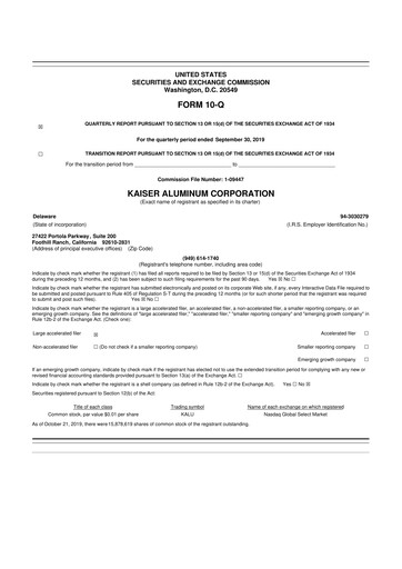 Thumbnail Kaiser Aluminum
 10-Q Quarterly Report FY2019 