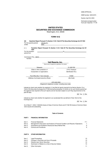 Thumbnail Vail Resorts
 10-Q Quarterly Report FY 