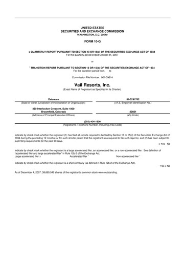 Thumbnail Vail Resorts
 10-Q Quarterly Report FY 