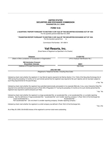 Thumbnail Vail Resorts
 10-Q Quarterly Report FY 