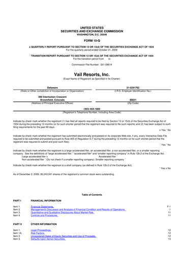 Thumbnail Vail Resorts
 10-Q Quarterly Report FY 