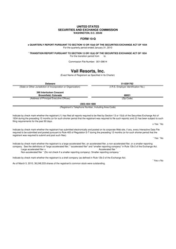 Thumbnail Vail Resorts
 10-Q Quarterly Report FY 