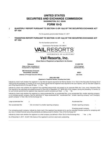 Thumbnail Vail Resorts
 10-Q Quarterly Report FY2018 