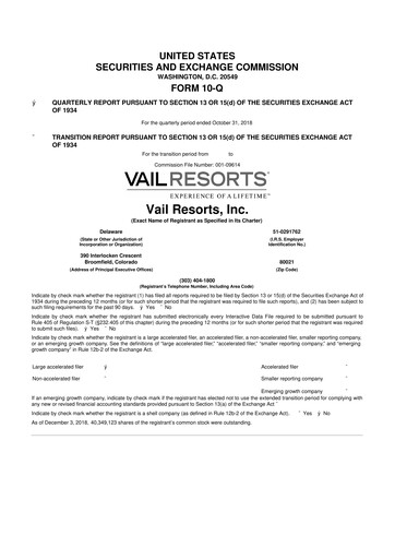 Thumbnail Vail Resorts
 10-Q Quarterly Report FY2019 