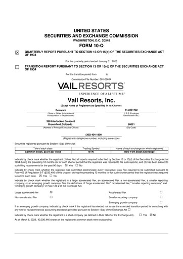 Thumbnail Vail Resorts
 10-Q Quarterly Report FY2023 