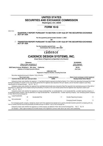 Thumbnail Cadence Design Systems 10-Q Quarterly Report FY2022 