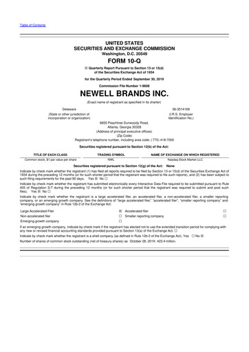 Thumbnail Newell Brands
 10-Q Quarterly Report FY2019 