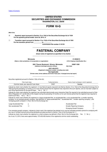 Thumbnail Fastenal 10-Q Quarterly Report FY2019 