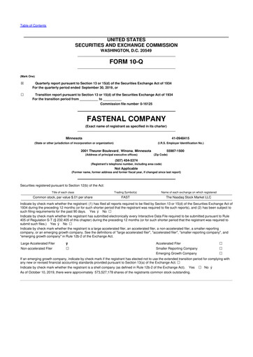 Thumbnail Fastenal 10-Q Quarterly Report FY2019 
