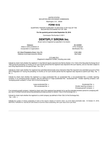 Miniature Dentsply Sirona
 10-Q Rapport trimestriel 2018 