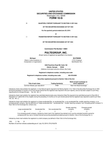 Thumbnail PulteGroup 10-Q Quarterly Report FY2019 